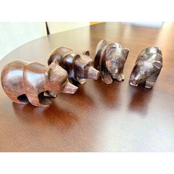 Vintage MCM Hand Carved Mexico Ironwood BROWN BEAR Grizzly Figurines family of 4 - Picture 2 of 13